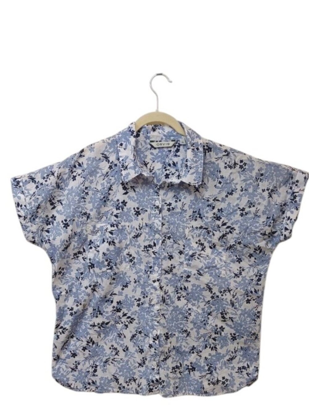 Orvis Women's 100% Cotton Lightweight Blue/Navy/Off-White SS Floral BD Shirt